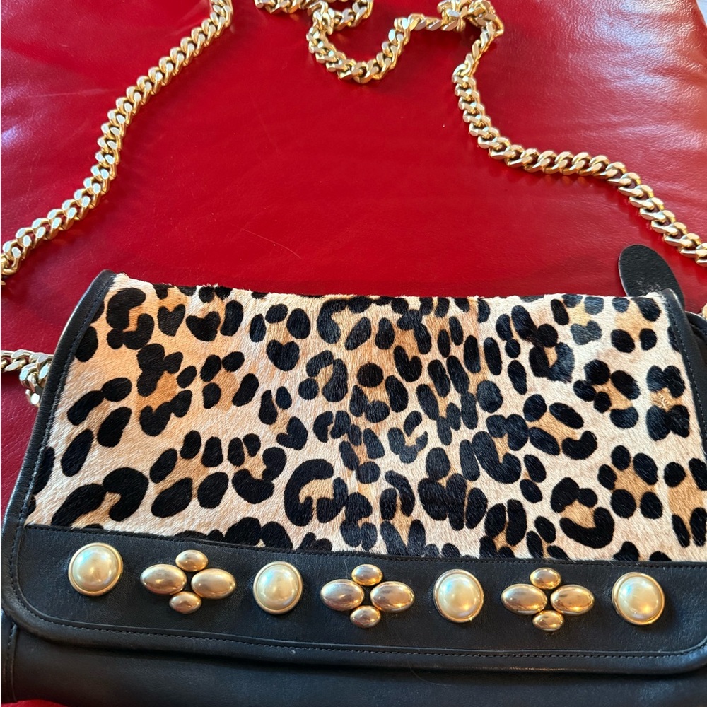 Leopard Print Black Leather Bag with Gold Chain